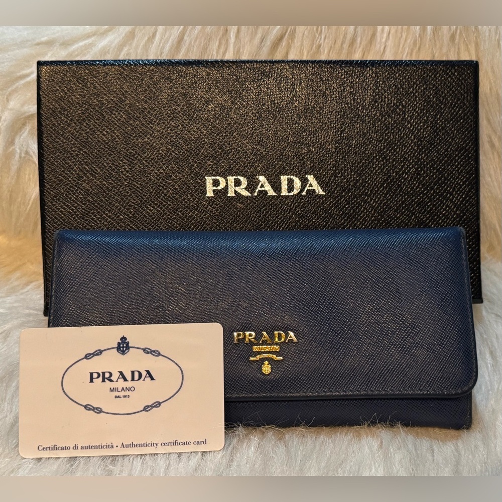 Prada Saffiano Leather Long Continental Wallet Navy Blue with Box and COA VGUC